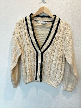 Hand-Knit Cable V-Neck Cardigan Sweater - Cream with Black Trim hand knit